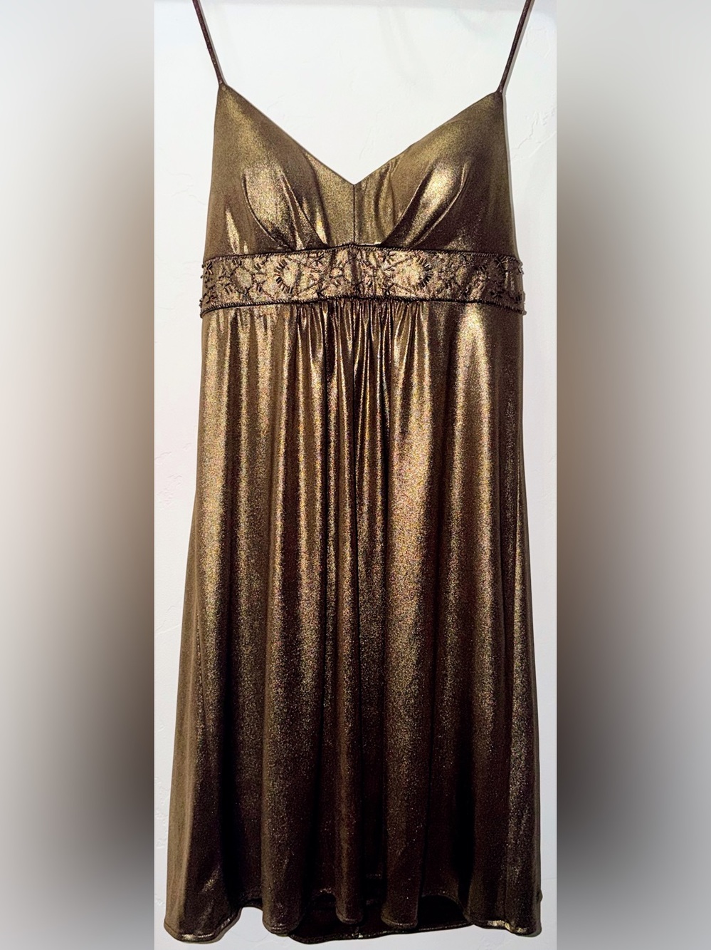 Oleg Cassini Y2K Metallic Bronze Gold Beaded Empire Waist Cocktail Dress Size 6